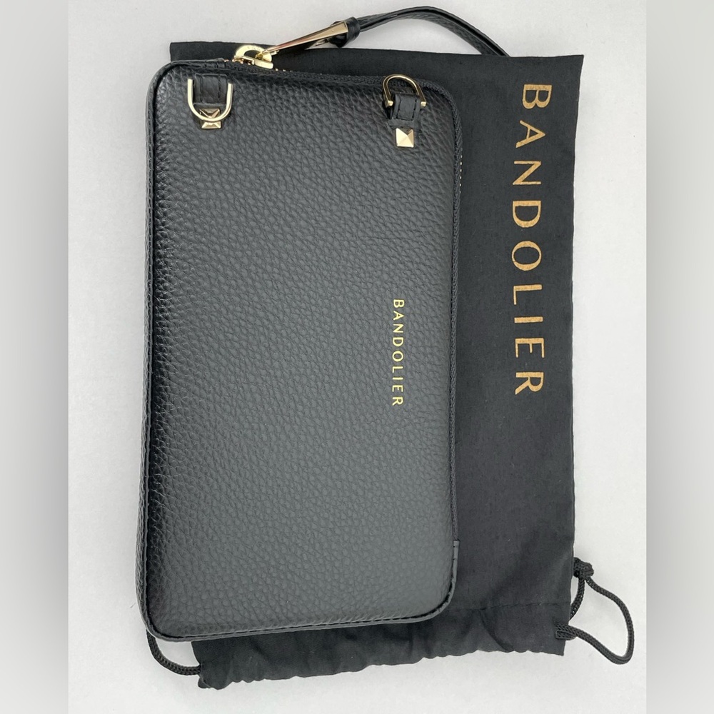 Bandolier Black Pebbled Leather Expanded Pouch. Gold hardware. New with tags!